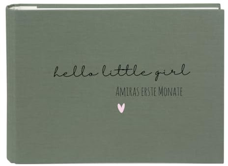 minimutz Babyalbum Hello Little Baby - Personalisiert mit Name - Fotoalbum Fotobuch Baby zum selbstgestalten Stoff - Erinnerungsalbum weiße Seiten 29x23 cm Little Girl (olive)