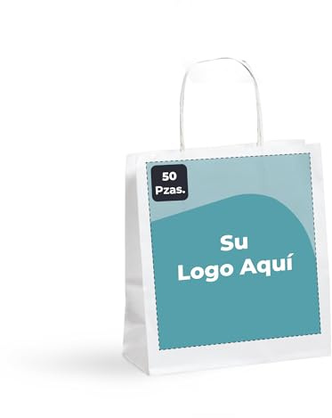 Cimpress Personalisierte Papiertüten mit Henkel weiß, Foto, Logo oder Text hinzufügen, 19 x 22,5 cm, Großer Aufdruck, 50 Stück, Kraft-Geschenktüten für Einzelhandel, Boutiquen, Geburtstage, Hochzeiten