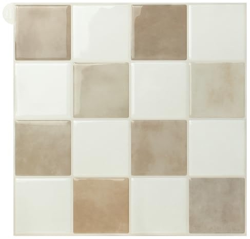 Alwayspon 10 Sheets Brown Beige White Mosaic 3D Peel and Stick PVC Backsplash Tiles, Self-Adhesive Wall Tile Stickers Stick on Subway Tiles for Kitchen Bathroom