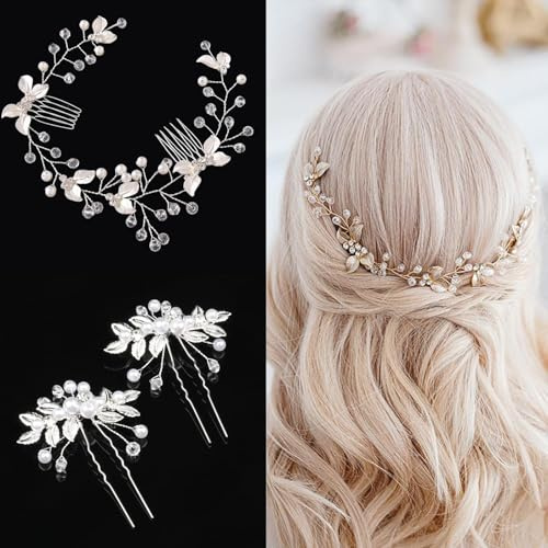 3 Stück Brautschmuckaccessoires Perlen-Rhinestone-Blatt-Kopfband Kristall-Blatt-Haarspangen handgefertigte Hochzeits-Haaraccessoires für Bräute Brautjungfrauen