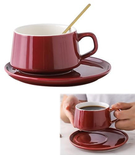 Ayrirel Ceramic Tea Cup with Spoon and Saucer Sets, 250ML Ceramic Coffee Cups Mug for Cappuccino, Latte, Espresso & Americano, Great Gift for Birthday/Christmas/Valentine's Day (Wine Red)