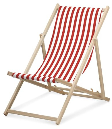 druck.de Sedia a sdraio, a righe strette rosse, pieghevole, in legno di faggio, portata fino a 95 kg, schienale regolabile in 3 posizioni, sdraio da spiaggia
