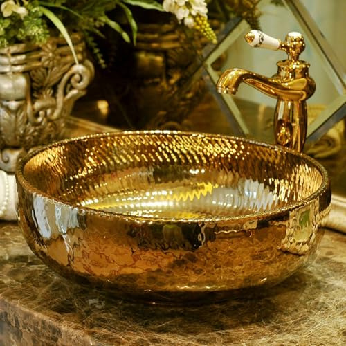 Lavabo da Appoggio Bagno da 16,1 Pollici/41 Cm, Lavabo Bagno in Pietra Color Oro, Mobili Bagno sopra Il Piano, Lavatoio con Scarico per Mobiletto del Lavabo