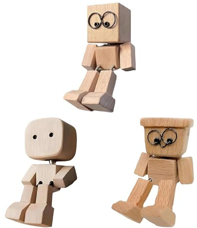 3 Stücke Holzfigur Auto, Wackelnder Holzmann, Holzmann Wackelfigur Für Auto, Handgefertigte Schüttelmann Deko, Magnetische Gesichter, Armaturenbrett Dekoration, Für Autozubehör Schlafzimmer Wohnung