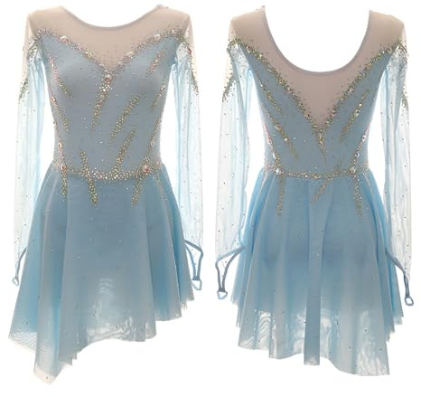 Robe De Patinage Artistique À Manches Longues for Fille, Robe De Patinage Sur Glace Haute Élasticité for Femme Avec Cristaux, Tenue De Danse(M)