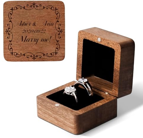 XSTZR Boîtier à alliance personnalisable - Écrin cérémonie en Noyer massif à 2 compartiments - Coffret gravé pour fiançailles, anniversaire, Noël et Saint-Valentin pour fiancée, épouse, mari