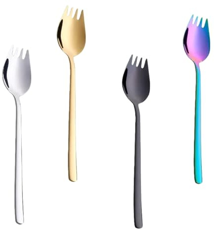 Cyoufine 4 Color Sporks Set, 7.6 Inches Long Handle 4-Pack Food-grade Stainless Steel Sporks, Metal Spork Salad Servers Forks For Dessert, Ice Cream, Salad Servers, Noodle, Spaghetti.