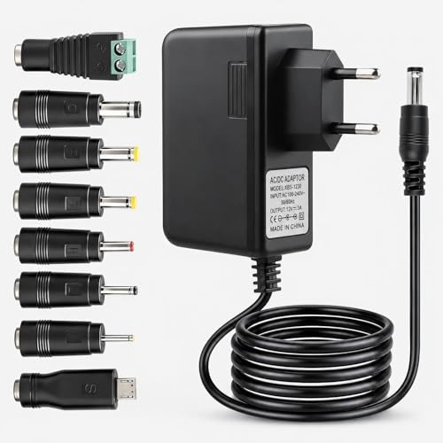 Adaptador de Corriente 12V 3A 36W, Fuente AC DC Universal con 8 Enchufes DC | Conector 5.5x2.1 mm con 8 puntas DC intercambiables para cámara CCTV, tiras LED, router WiFi, monitor LCD, TV Box y altavoces