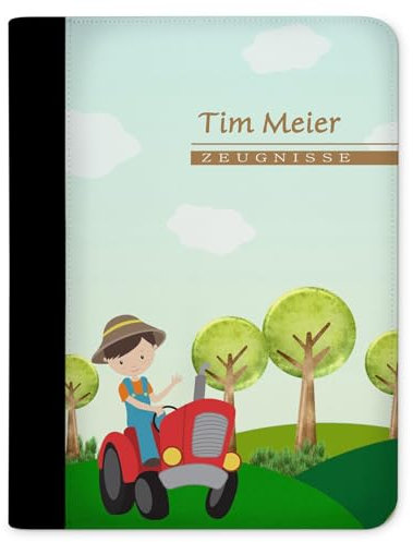 CreaDesign, Kinder Zeugnismappe mit Namen personalisiert, Zeugnis Mappe Bauernhof mit 10 Klarsichthüllen, A4, 26,7 x 32,7 x 1 cm, Rücken schwarz