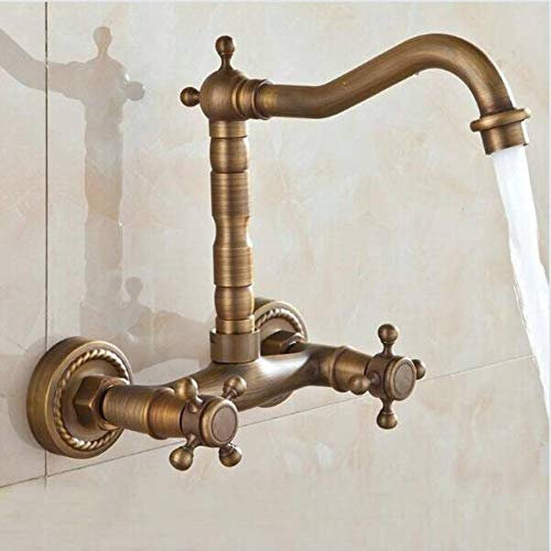 YHSGY Waschtischarmaturen Antikes Bad Goldene Waschbecken & Küchenarmatur Doppelkreuz Griffe Wandmontage Mischbatterie Zwei Löcher