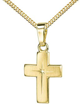 JEVELION Halskette mit Kreuz-Anhänger für Damen, Herren und Kinder mattiertes Gold-Kreuz mit strahlenförmiger Kreuz-Gravur als Ketten-Kreuzanhänger + Schmuck-Etui
