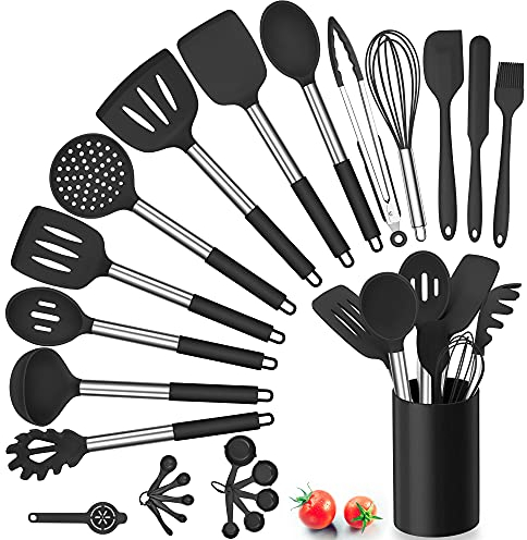 Herogo Set di 25 utensili da cucina in silicone con supporto, set di posate da cucina resistenti al calore, con manico in acciaio inox, antiaderente, set da cucina, contenitore, nero