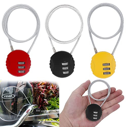 3 Pcs Helmet Cable Lock, Snowboard Lock, Secure Cable Lock, Small Padlock Outdoor for Bike Electric Bike Skateboards Strollers Lawnmowers and Other Outdoor Equipments(Black, Red, Yellow)