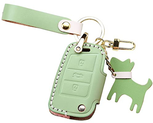 ontto Autoschlüssel Hülle Cover Passt für VW Golf 7 MK7 Polo Jetta 4 T-ROC Seat Leon Ibiza Skoda Fabia Karoq Superb Autofernbedienung Leder Schlüsselanhänger Schutzhülle Schlüsseletui-Grün B