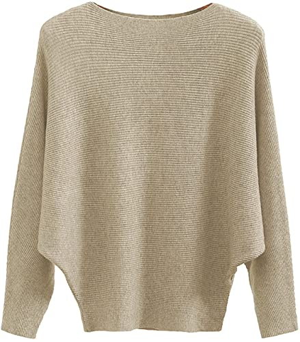 FULIER Boat Neck Batwing Sleeves Dolman Knitted Sweaters and Pullovers Tops for Women One Size (Khaki)