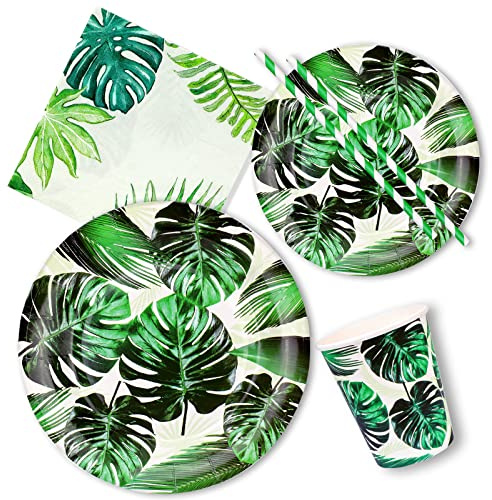 PHOGARY 60 PCS Tropical Green Leaves Tableware Set - Jungle Party Decorations, Paper Plates, Napkins, Cups for Kids Birthday, Camping, Beach, Hawaiian Theme Summer Party Supplies, Serves 10 Guests