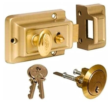 Garden Mile 3 Key Rim Night Latch Door Lock - Polished Brass Gate Lock Extra Security Front Door Lock Latches Fixings Backset Cylinder Safety for Gate, Shed, Latch, Flat Smart