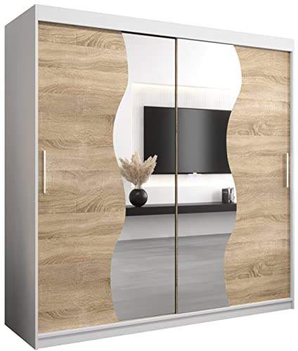 ABIKSMEBLE Armoire à Portes Coulissantes - Penderie Madryt - Meuble Porte Coulissante avec Miroir - Largeur 200cm, Hauteur 200cm, Profondeur 62 cm - Blanc Mat + Chêne Sonoma