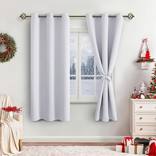 JIUZHEN Verdunkelungsvorhänge Thermo Vorhang Blickdicht Ösen H183xB117cm | 2er Set, Grau Weiß Thermovorhang Hitzeschutz mit Raffhalter Kurz Ösenvorhang Weihnachtsvorhänge für Schlafzimmer Wohnzimmer