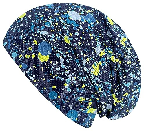 Ullkyckling ekologiskt pojkar/flickor/barn bekväm mjuk lång mössa/mössa/beanie-mössa/stickad mössa/barnmössa, jerseyfodrad övergångsperioder (ekologiskt tyger/bio) .., Splatter mörkblå/flerfärgad,
