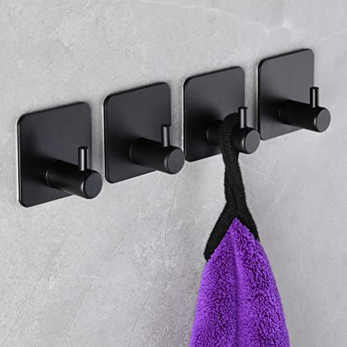 flintronic Ganchos Autoadhesivos, 4 Ganchos Adhesivos Fuertes de Aluminio, Ganchos para Puertas de Pared Resistentes, Hogar, Ganchos para Toallas de Baño, Cocina, Baño, Sala de Estar (Negro)