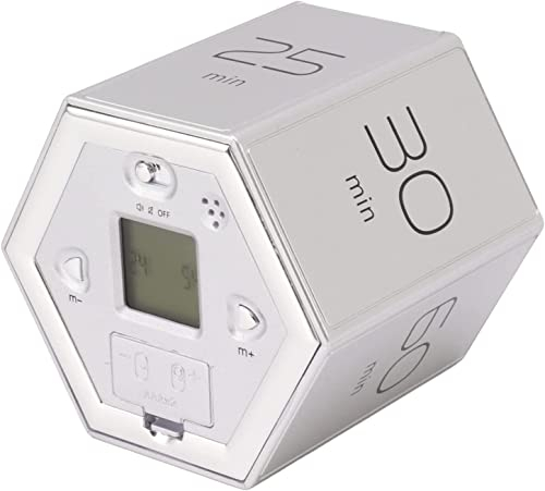 Hexagon Pomodoro Timer, Stummschaltung & Einstellbarer Sound Alert Flip Timer Digital Cube Flip Timer für Arbeit, Studium, Meditation, Yoga, Kochen (Silber)