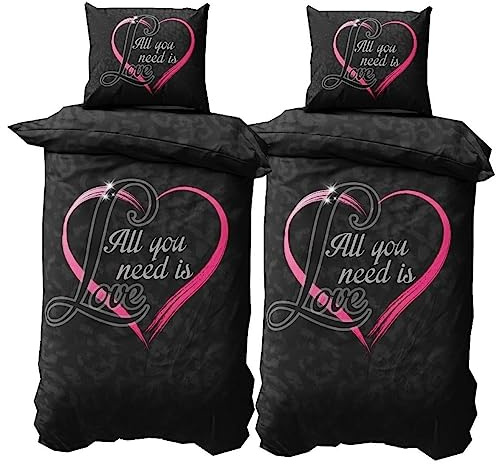 Leonado Vicenti Partner Bettwäsche 135x200 4 teilig Microfaser Schwarz mit Herz in Pink und Love Fotodruck mit Reißverschluss