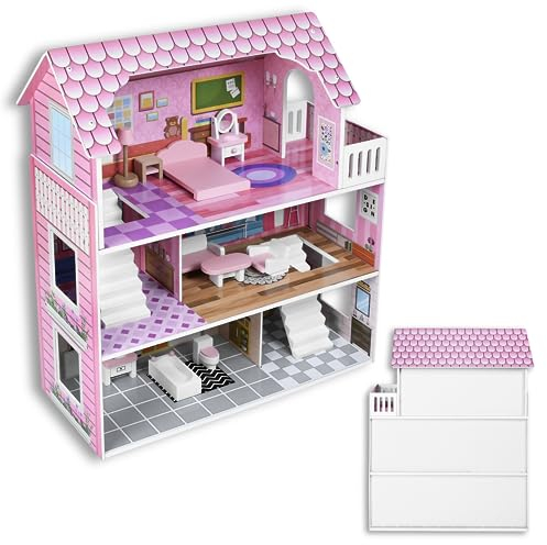 SUBTLETY Puppenhäuser aus MDF Puppenhaus Holz mit 10 Möbeln und Zubehör Dreistöckiges Dollhouse Traumvilla 60x27x70cm Traumhaus Spielzeug mit Schlafzimmer Balkon Treppe für Kinder ab 3 Jahren (Typ A)