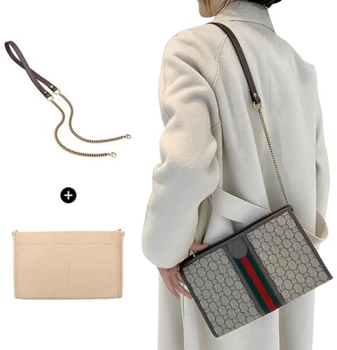 Jiesinlov Geldbörsen-Filz-Organizer-Einsatz mit Lederkette, Schultergurt, Ersatz-Crossbody, Clutch-Taschen, Umbauset (Beige und Braun-G)