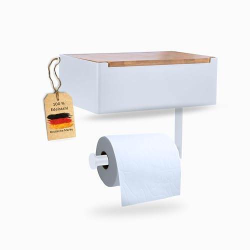 Pandonix® Porte-papier toilette avec boîte à lingettes humides - Acier inoxydable et bambou - Porte-papier toilette sans perçage - Blanc - Avec boîte à lingettes humides