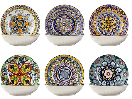 HENXFEN LEAD Snack Bowls Ceramic, 14cm Tapas Dishes Set Dipping Bowls Porcelain for Sauce, Soy, Sushi, Snack. Colourful, Pack of 6 - Bohemian Style