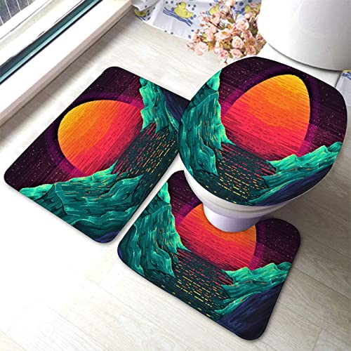 Set 3 Teilig Badvorleger Retro Wellen Sonnenuntergang Orange Badgarnitur Badematten Waschbar Konturmatte, Für Dusche, Wohnzimmer