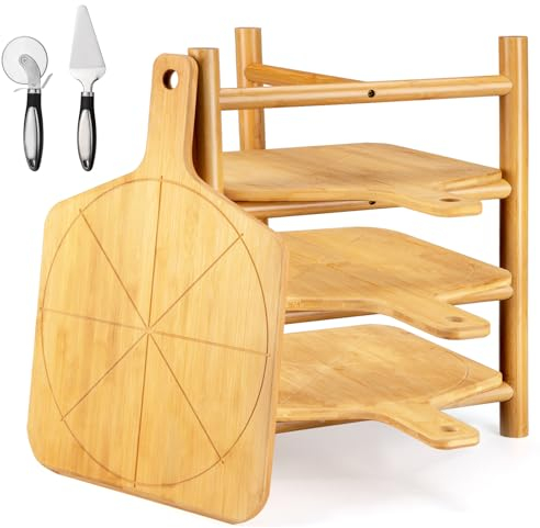 16.9 x 12 Inch 4 Pcs Pizza Peel Set with Stand, Smooth Pizza Paddle Cutting Board with 8 Slice Grooves, Serving Tray Includes Stainless Steel Pizza Cutter Wheel & Pizza Shovel