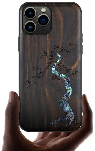Carveit Etui pour iPhone 11 Pro de Coque [Bois et Incrustation de Coquille] Souple TPU de Téléphone Compatible avec Apple 11 Pro Étui (Bois Sombre-Majesté Kiefer)