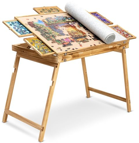 SanCallie 36x26 Jigsaw Puzzle Table with 5 Drawers, Foldable & Adjustable, Rustic Style, Ideal for 1500 Pc Puzzles