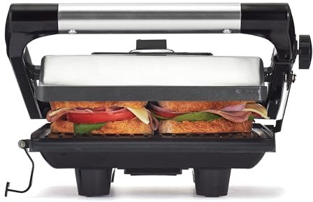 BELLA Panini Press, Sandwich Maker and Electric Indoor Grill with Double Nonstick Plates, Height Adjustable Lid and Removable Drip Tray, 1400 Watt, Stainless Steel