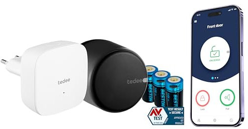 tedee Go Smart Lock ricaricabile con WiFi e Bluetooth per accesso remoto, serratura elettronica trasforma il tuo smartphone in una chiave, sicurezza Smart Lock con certificato AV-TEST (nero)