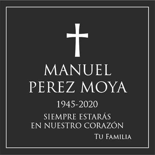 Placa funeraria de aluminio negro para exterior e interior grabada con láser para lápida, nicho o pared. Cinta doble cara ultra fuerte. Diseño cruz