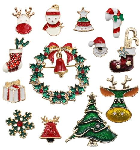 GOIYZTTR 13 Stück Weihnachtsbrosche Pin Set Weihnachtsserie Brosche Beinhaltet Schneemann Weihnachtsmann Weihnachtssocken Elch Weihnachtsbaum Passt zum Thema Weihnachten und Winterfest