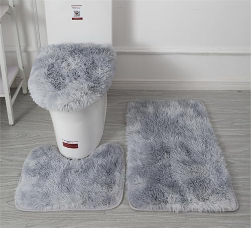 SHIJHUI Soft Microfiber Bathroom Rugs Sets 3 Piece,Non-Slip Bath Mat Fluffy Plush Toilet Seat Cover for Bathroom,Water Absorbent Bathmat,Machine Washable (Light Grey)