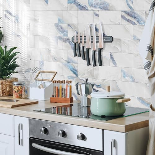 Credence Adhesive Pour Cuisine -Marbre Blanc - Bleu Salle De Bains Et Cuisine Stickers Carrelage, PVC Imperméable Credence Adhesive Décorative à Carreaux,Stickers Auto-Adhésif 48 Pièces(10x20cm)