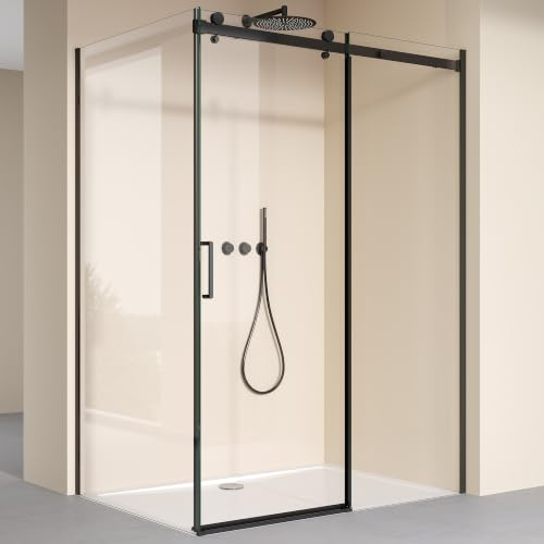 doporro Duschkabine mit Schiebetür 100x120x195cm mit weißer Duschtasse | 8mm ESG-Sicherheitsglas Klarglas inkl.Nano-Beschichtung | Rechts-oder Linkseinstieg | Aluminiumrahmen in Schwarz | Ravenna19K