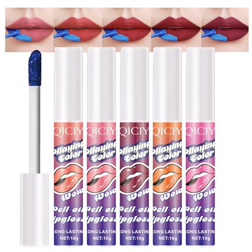 5 Pcs Peel Off Lipgloss Set OTattoo Farbe Lip Fleck Lip Tint, Matter Lipgloss Langanhaltender wasserdichter flüssiger Lippenstift Non-Stick Cup Make-up
