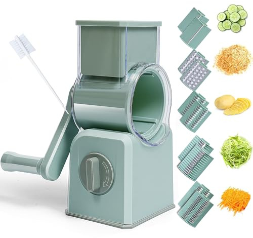 Râpe à fromage rotative – Râpe à fromage 5 en 1 améliorée avec poignée et base d'aspiration puissante, trancheuse multifonction pour légumes, fruits, noix