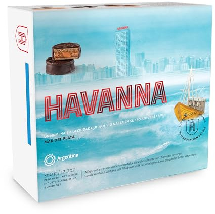 Alfajores Havanna Mar del Plata | Alfajores Argentinos de Chocolate | Galletas Cubiertas Rellenas de Dulce de Leche Con Sal Marina | 4 unidades | 360g
