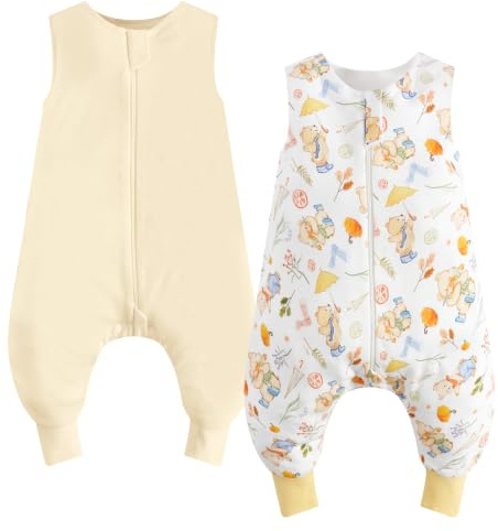 WYTbaby Saco de dormir con perneras, 1,0 tog, paquete de 2 unidades, 100% algodón, sin mangas, para todo el año, con perneras, para niños y niñas, 70/6-18 Monate
