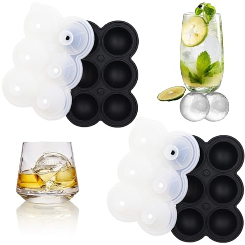 Hiqiku Hiqiku 2er-Pack Silikon Eiswürfelform mit Deckel, 12 runde Eiswürfel 4,5 cm, Eiswürfelform mit Deckel, BPA-frei, wiederverwendbar, für Whisky, Cocktails, Kaffee & Getränke (Schwarz)