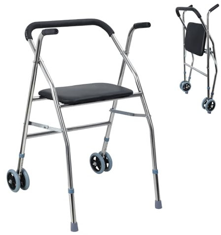 Andador de aluminio ligero y plegable con ruedas, para adultos, personas mayores y ancianos, andador de viaje portátil plegable para uso en interiores y exteriores