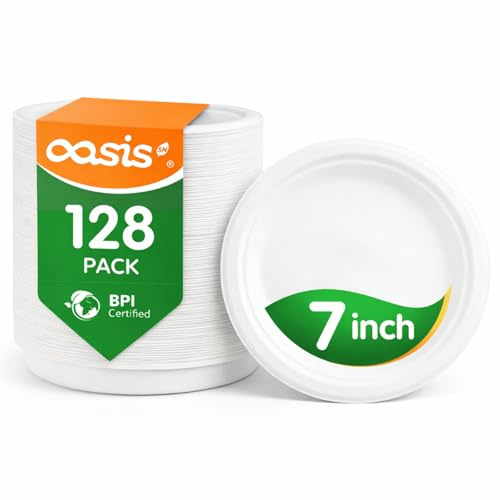 OasisSN - Piatti di carta compostabili da 17,8 cm, confezione da 128, resistenti, in bagassa di canna da zucchero, usa e getta, ecologici, biodegradabili per snack e feste, bianchi non sbiancati