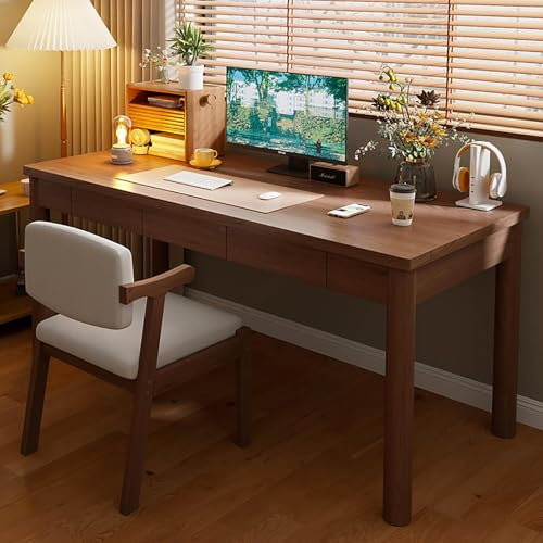 Bureau d'ordinateur en Bois Massif avec 2 tiroirs, Poste de Travail, Noyer (Noyer, 140 cm)